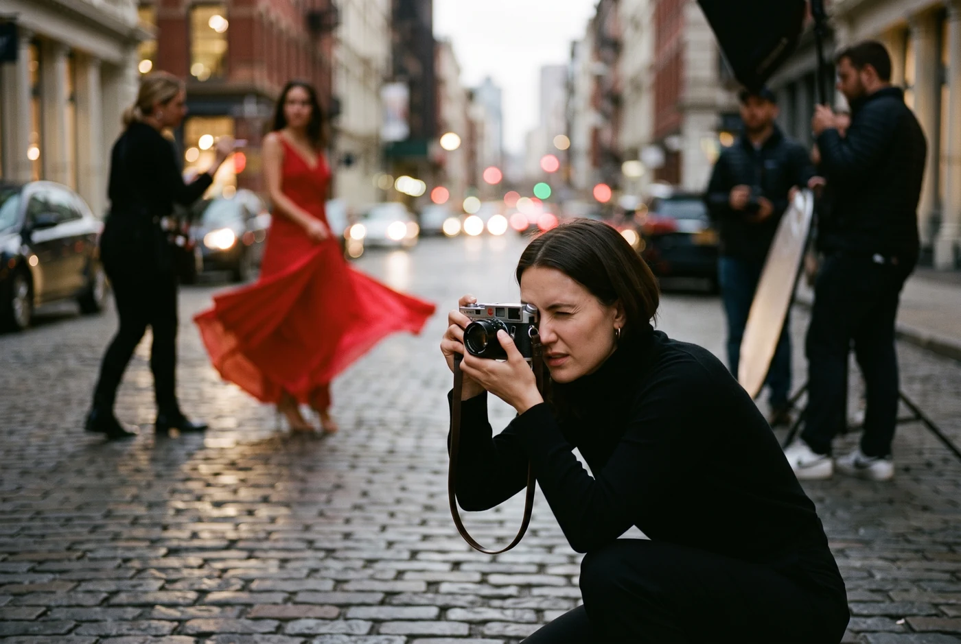 Nora fotografiše model u crvenoj haljini na ulici u sumrak